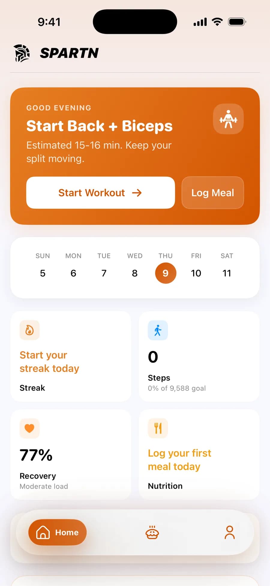 Spartn iOS app showing AI-powered fitness tracking